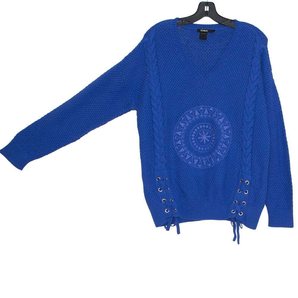 Desigual Sweater Cable Knit Mandala Rare Boho Oversized Chunky Hippie Blue Large - Picture 6 of 7